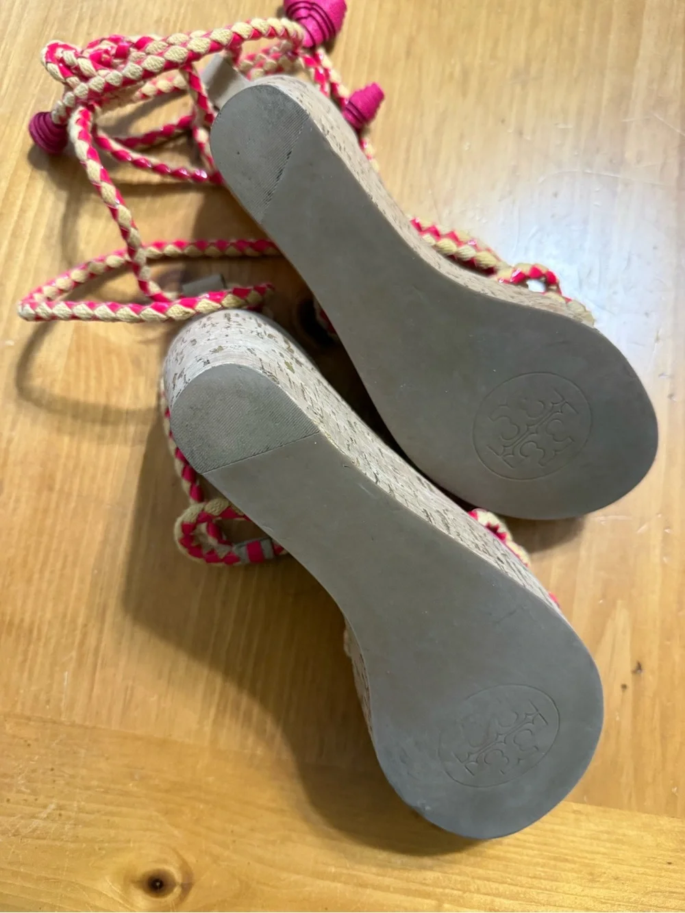 Tory Burch Bright Pink Braided Lace-Up Sandals with Tan Braids